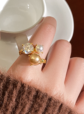 金色珍珠锆石开口戒指巨好看的