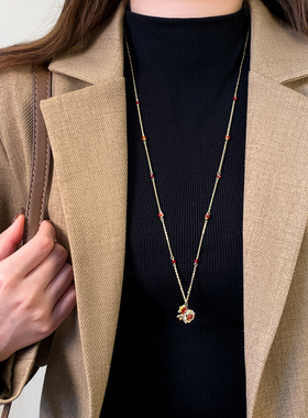 红色锆石铜钱福袋吊坠长毛衣项链