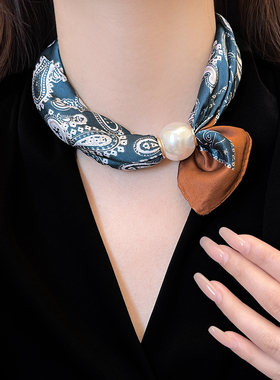 蓝色腰果花抽拉调节串珠丝巾项链