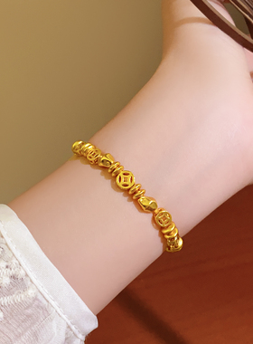 古法沙金立体铜钱币串珠手链精致