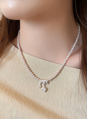 银色多层圆环几何锆石珍珠项链