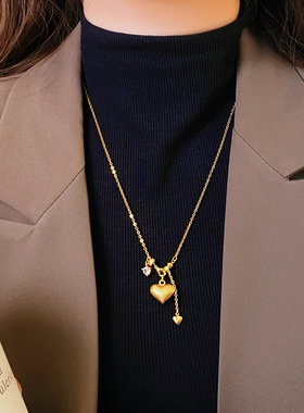 沙金拉丝爱心锆石吊坠毛衣项链