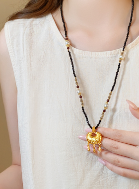 黑色串珠珍珠平安锁小众精致项链