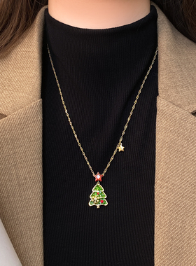 绿色锆石雪花圣诞树吊坠毛衣项链