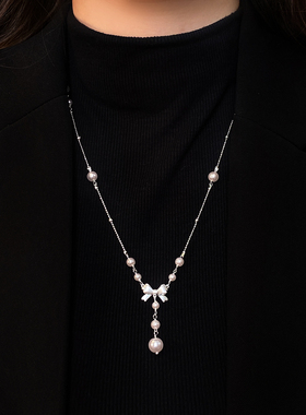 银色蝴蝶结珍珠吊坠项链轻奢小众