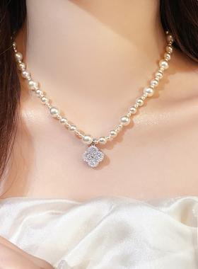 银色满钻四叶草珍珠项链轻奢饰品