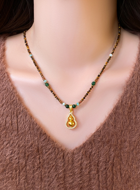 金色镂空微镶葫芦吊坠串珠长项链