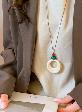 米白色几何圈圈串珠项链皮绳配饰