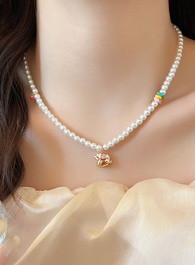 珐琅彩木马珍珠串珠项链脖子配饰