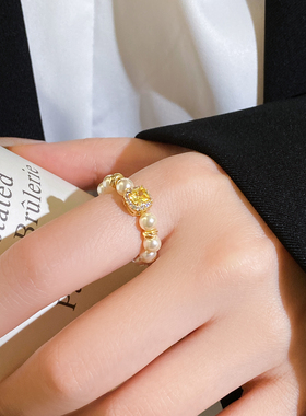 黄色方形锆石珍珠食指戒指巨好看