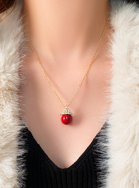 金色锆石皇冠红色珍珠吊坠项链