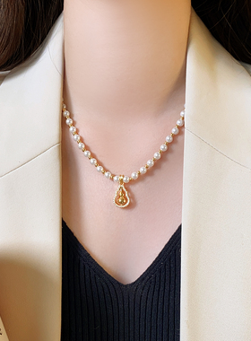珍珠串珠微镶镂空葫芦吊坠项链