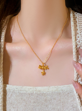 沙金蝴蝶结星星吊坠项链轻奢小众