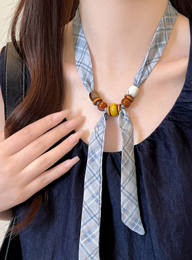 蓝色丝巾串珠抽拉调节项链高级感