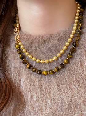 金色珍珠虎眼石双层串珠项链配饰
