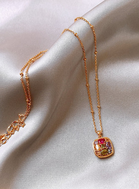 彩色锆石几何方形吊坠串珠项链