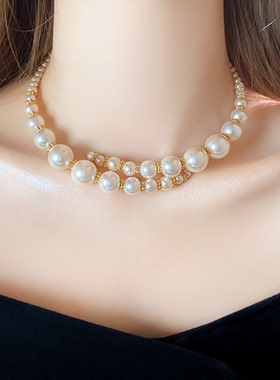 不规则交叉大小珍珠串珠项链饰品