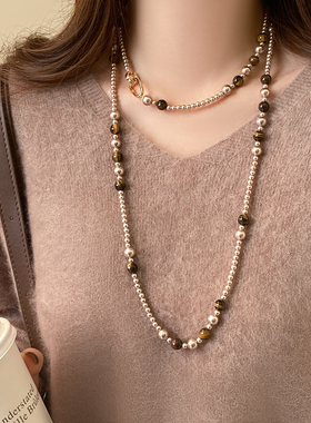 双层叠戴虎眼石珍珠串珠项链