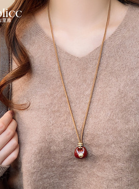 红色小福锁吊坠皮绳长项链高级感