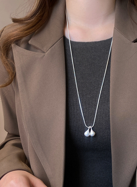 银色双水滴吊坠长项链高级感配饰