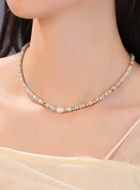 天然石淡水珍珠项链轻奢锁骨链