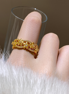 古法沙金微镶花丝开口戒指高级感