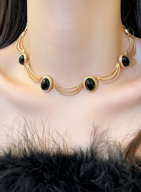 黑金椭圆几何撞色项链小众锁骨链
