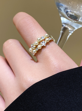 金色双层珍珠星星锆石开口戒指