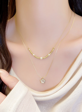 金色满钻星星吊坠珍珠项链锁骨链