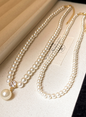 双层叠戴珍珠吊坠毛衣项链高级感