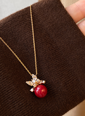 红色珍珠蝴蝶锆石吊坠项链高级感