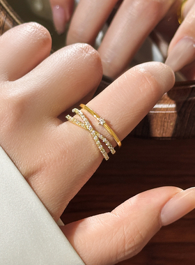 金色满钻多层交叉开口戒指指环
