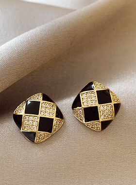 高级感棋盘格设计925纯银针耳饰