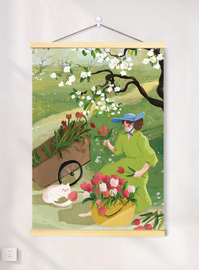 治愈系简约春日女孩猫咪客厅卧室装饰画芯樱桃玄关海报油画布挂画