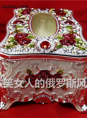 特价R3俄罗斯锡金属抽纸巾盒高款镂空大号银白色红玫瑰花厚重欧式