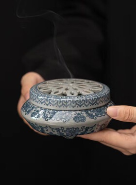 韵香阁古陶泥香炉青花仿瓷盘香炉