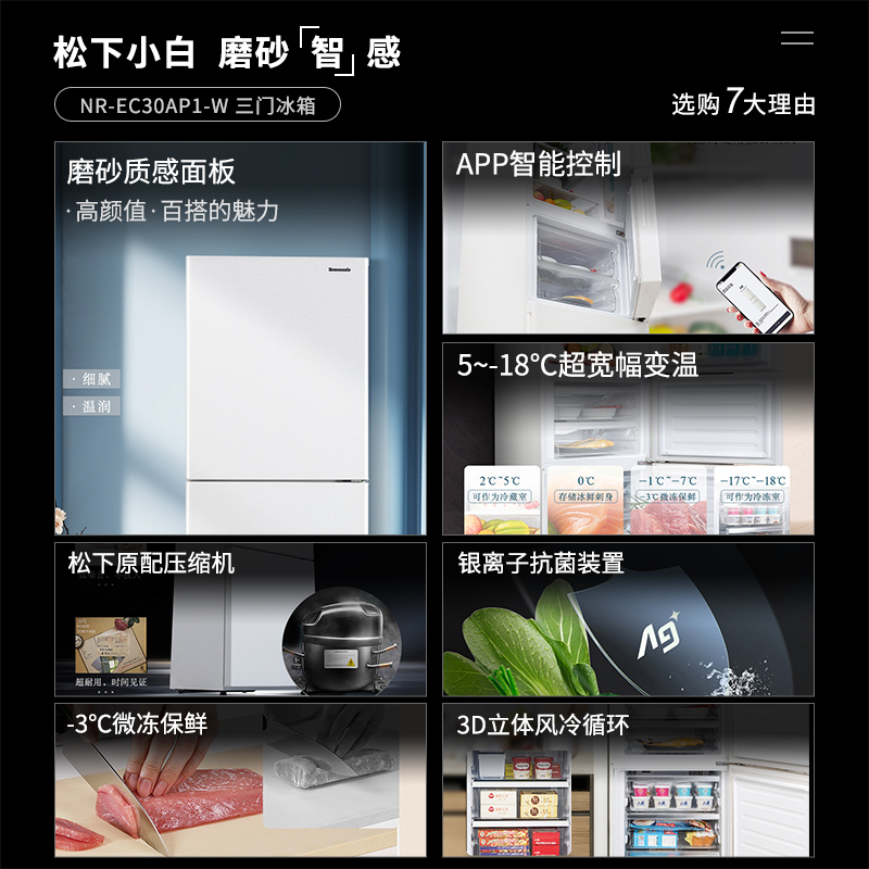 松下 NR-EC30AP1-W 大冷冻变频大容量家用三门冰箱可WIFI磨砂白色 - 图2