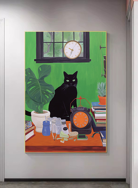 黑色猫咪竖版客厅装饰画印象派