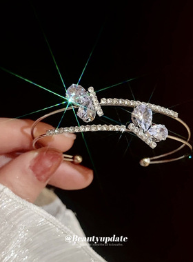 锆石波纹花朵开口手镯2025年新款百搭手环个性冷淡风高级感手饰