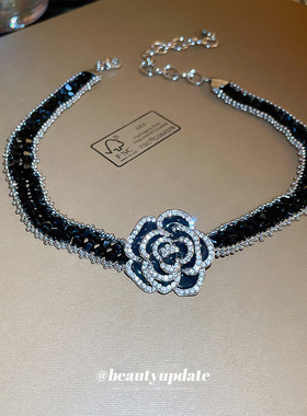 韩国镶钻山茶花人造水晶款项链轻奢高级感锁骨链时尚气质颈链项饰