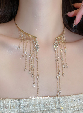 跨境新款长流苏项链小众设计感水钻锁骨链个性配饰女necklace