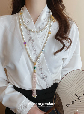 真金电镀新中式莲花珍珠项链身体链古风多层高级感气质锁骨链