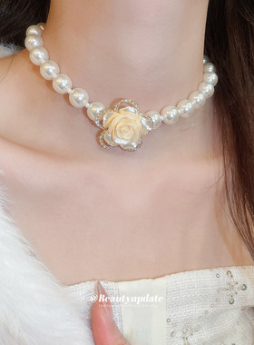 法式长款满钻山茶花朵珍珠项链女轻奢高级感叠戴多层颈链时尚颈饰