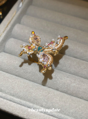 镶钻蝴蝶水滴珍珠戒指法式复古气质食指戒轻奢高级感百搭手饰指环