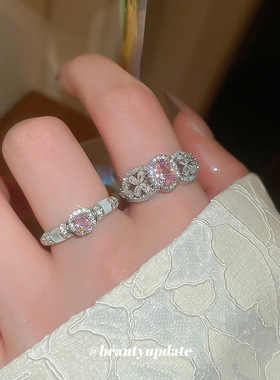 锆石贝母方形花朵开口戒指法式复古气质食指戒轻奢高级感指环