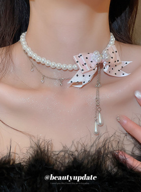 缎带波点蝴蝶结珍珠项链复古优雅甜美时尚气质锁骨链轻奢小众项饰