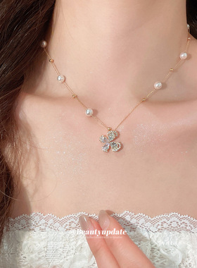 18k真金电镀锆石蝴蝶珍珠项链简约精致优雅锁骨链轻奢气质颈链女