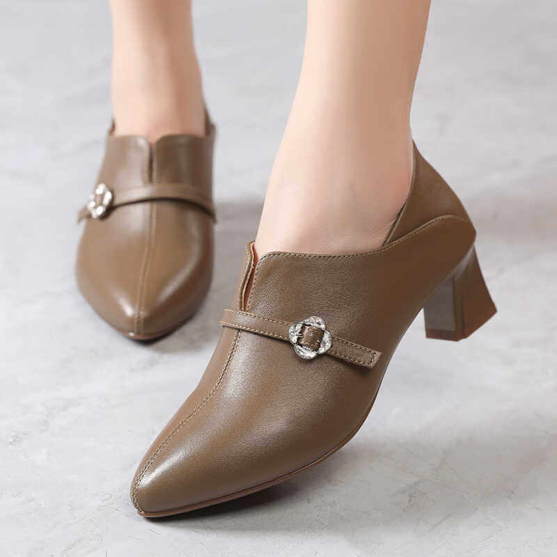 真皮尖头单鞋女春秋粗跟软底防滑中年妈妈鞋百搭舒适中跟深口皮鞋,淘宝优惠券,粉丝福利购,淘宝优惠卷
