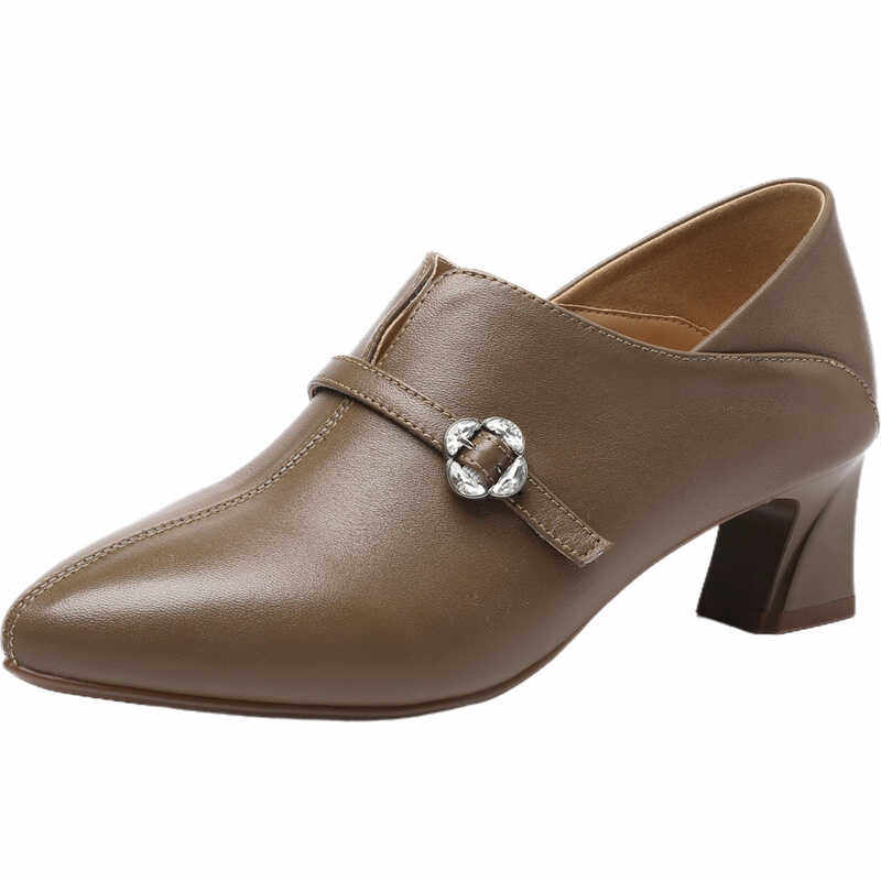 真皮尖头单鞋女春秋粗跟软底防滑中年妈妈鞋百搭舒适中跟深口皮鞋,淘宝优惠券,粉丝福利购,淘宝优惠卷