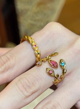 vintage中古花卉枝开口戒指女叠